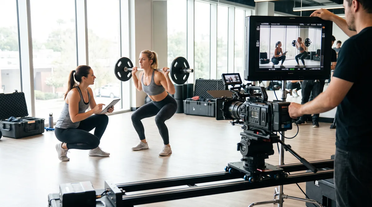 Trenerka sprawdza technikę przysiadu modelki fitness przed ujęciem reklamy