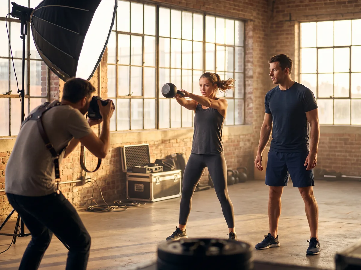 Model fitness i modelka fitness na planie sesji odzieży sportowej w studiu