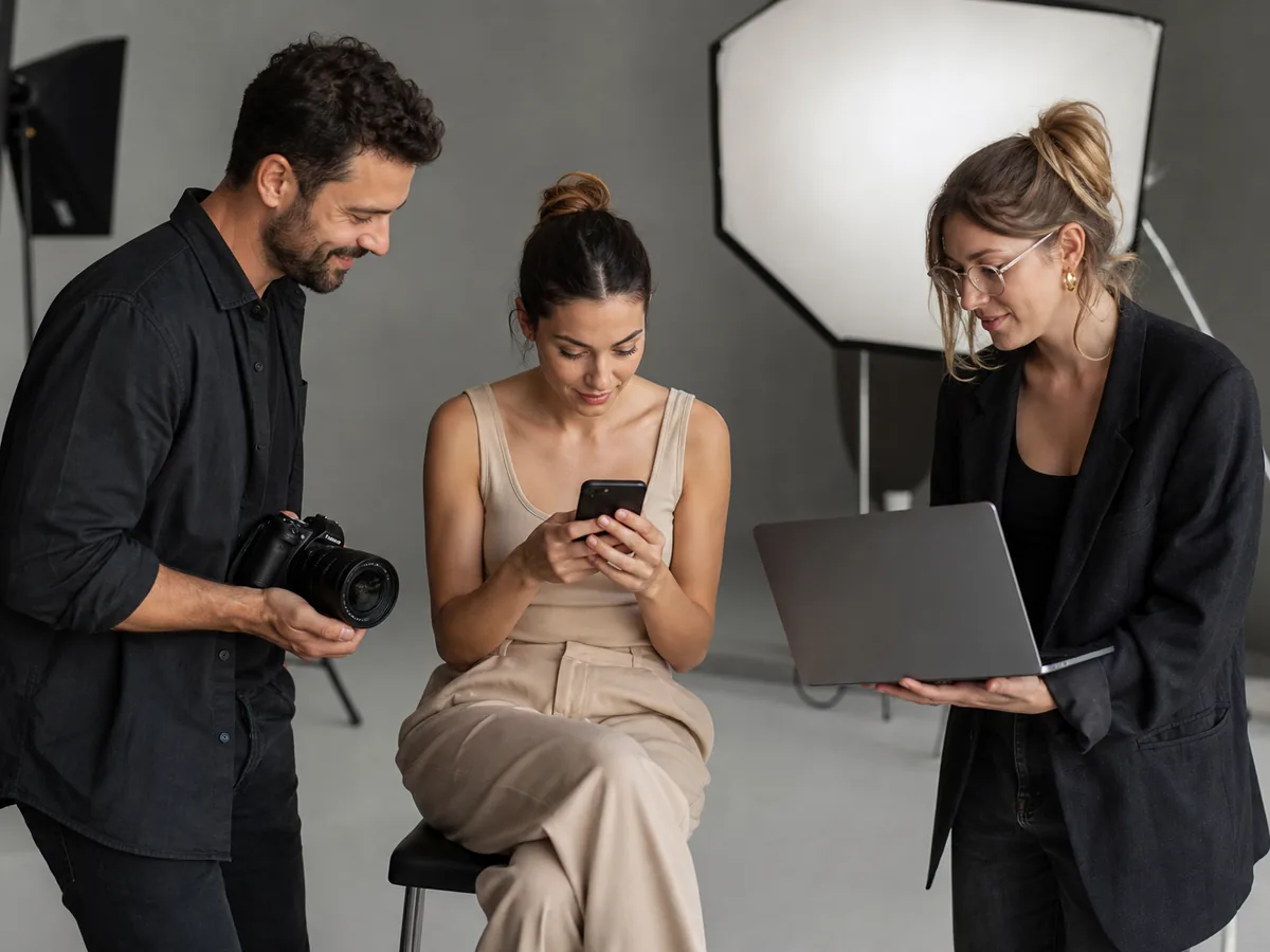 Modelka potwierdza zgodę na wizerunek w telefonie po sesji w studiu