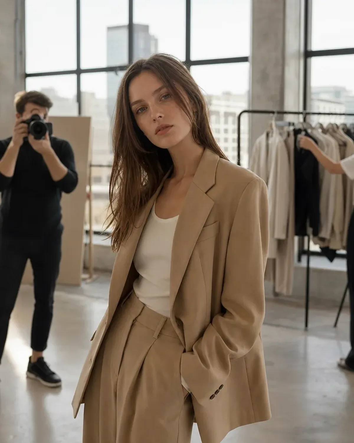 Modelka pozuje na sesji katalogowej w jasnym studiu w ceglanym lofcie